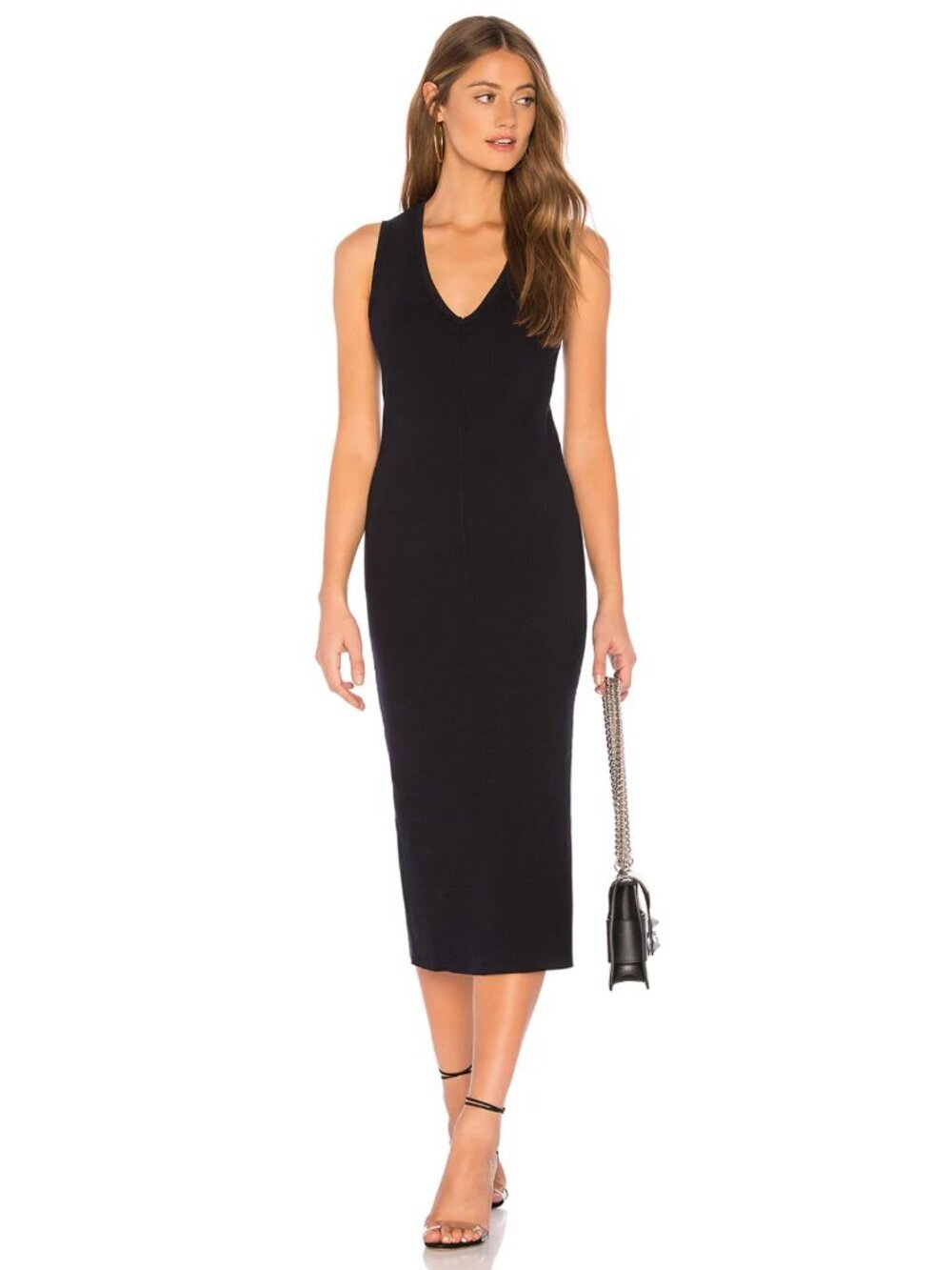 Standard James Perse Black Contrast Binding Fitted Rib Midi Dress 36387
